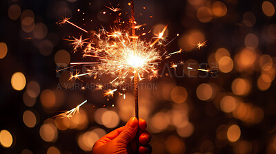 Buy stock photo Hand holding sparkler. Festive Christmas, New Year, or birthday celebration concept