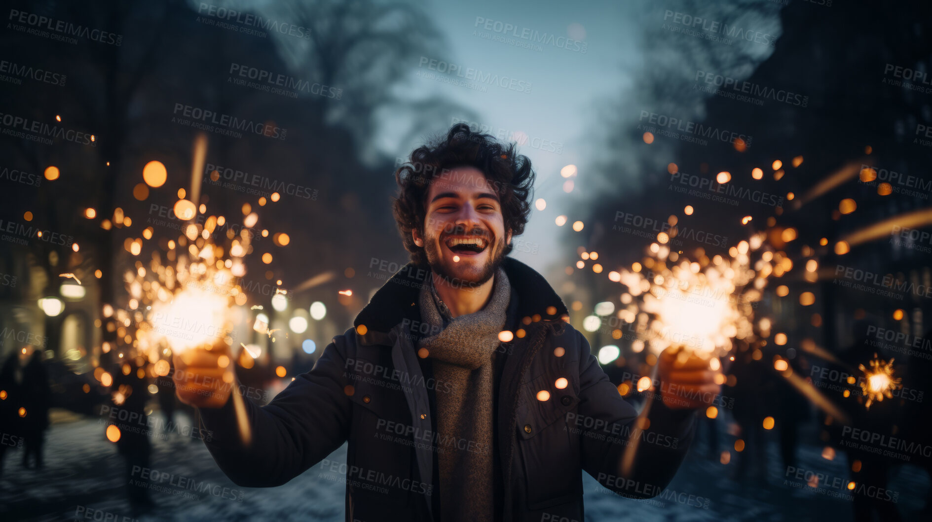 Buy stock photo Man holding sparklers. Festive Christmas, New Year, or birthday celebration concept