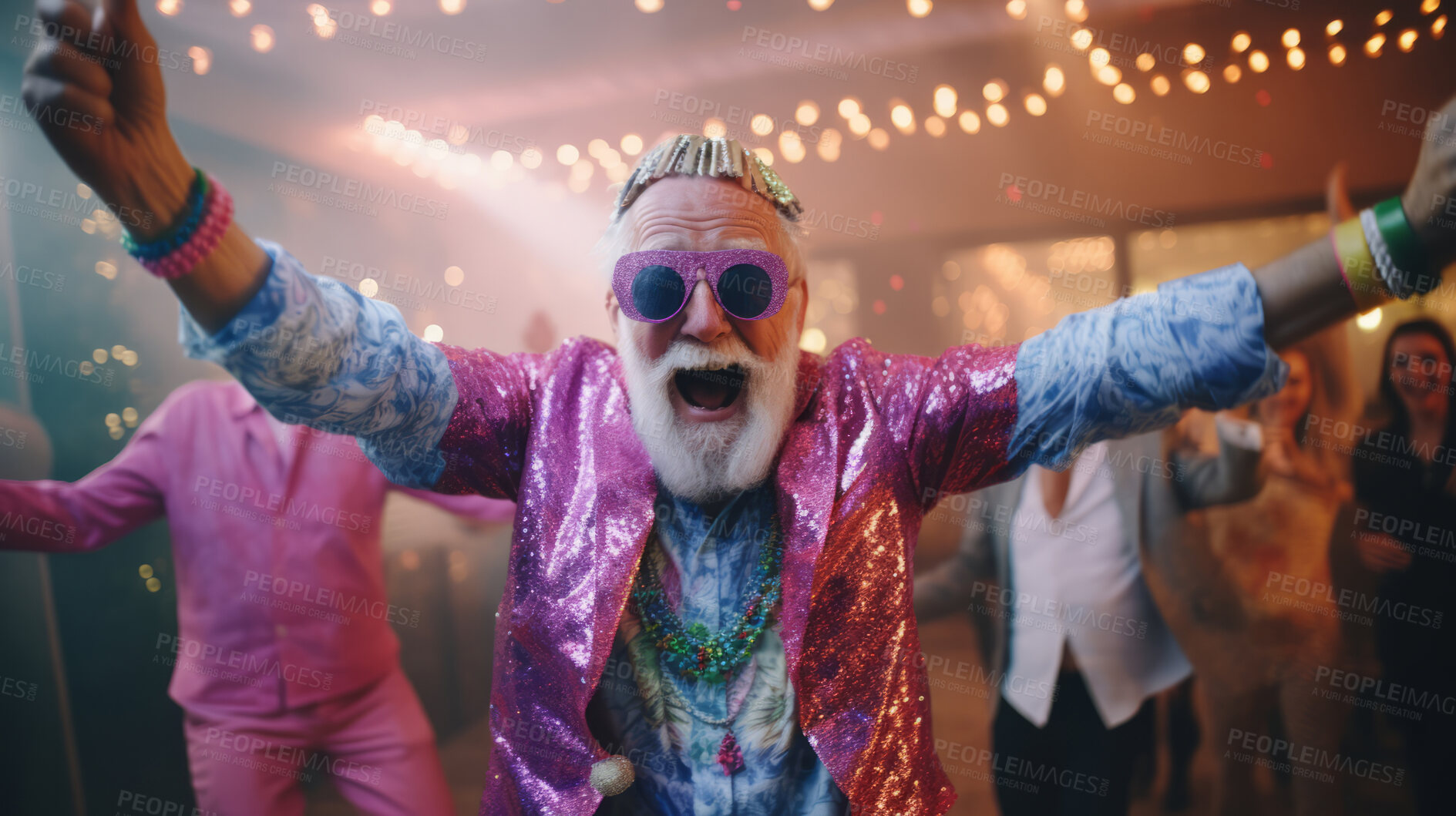 Buy stock photo Happy dancing man in costume. Birthday, New Year, fun celebration party