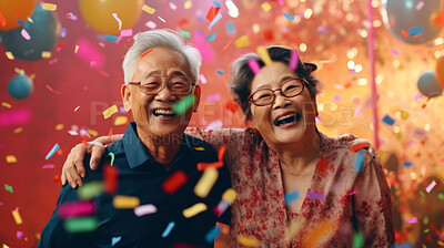 Buy stock photo Happy senior couple celebrating birthday and in retirement with confetti and fun.