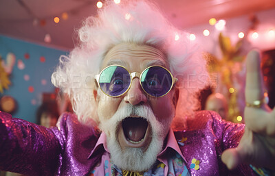 Buy stock photo Happy dancing man in costume. Birthday, New Year, fun celebration party