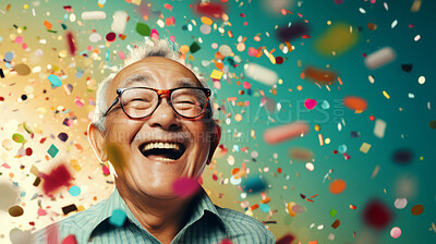 Happy laughing man with falling confetti. Celebration party event, corporate win