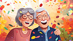 Happy senior couple celebrating birthday and in retirement with confetti and fun.