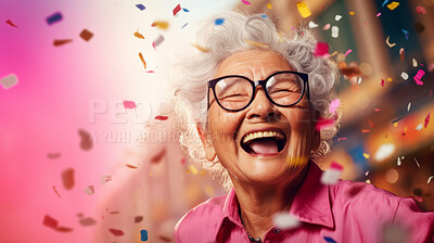 Buy stock photo Happy laughing woman with falling confetti. Birthday, New Year, fun celebration party