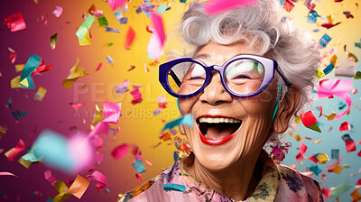 Happy laughing woman with falling confetti. Birthday, New Year, fun celebration party