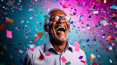 Buy stock photo Happy laughing man with falling confetti. Birthday, New Year, fun celebration party