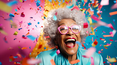 Buy stock photo Happy laughing woman with falling confetti. Birthday, New Year, fun celebration party