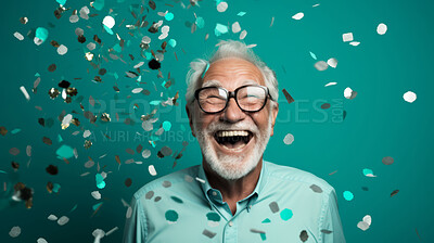 Buy stock photo Happy laughing man with falling confetti. Celebration party event, corporate win