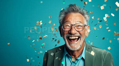 Buy stock photo Happy laughing man with falling confetti. Celebration party event, corporate win