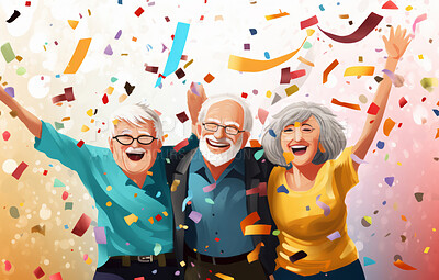 Buy stock photo Happy senior friends celebrating birthday and in retirement with confetti and fun.