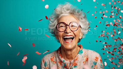 Happy laughing woman with falling confetti. Celebration party event, corporate win