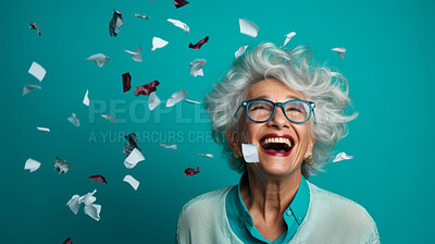 Buy stock photo Happy laughing woman with falling confetti. Celebration party event, corporate win