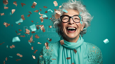 Happy laughing woman with falling confetti. Celebration party event, corporate win
