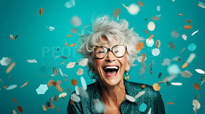 Buy stock photo Happy laughing woman with falling confetti. Celebration party event, corporate win
