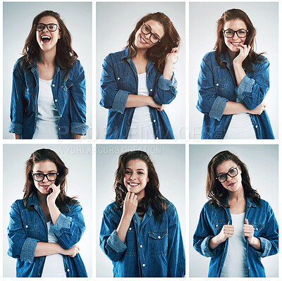 Buy stock photo Composite shot of a young woman in various studio poses against a grey background