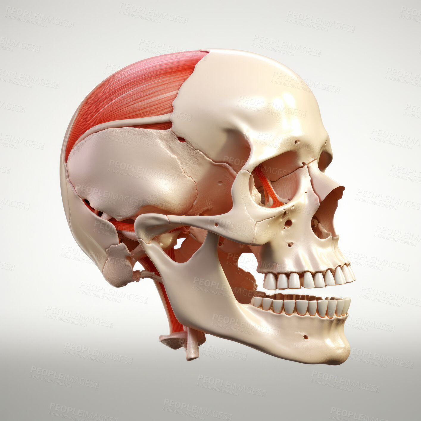 Buy stock photo Human skull with teeth. Educational medical anatomy design illustration.