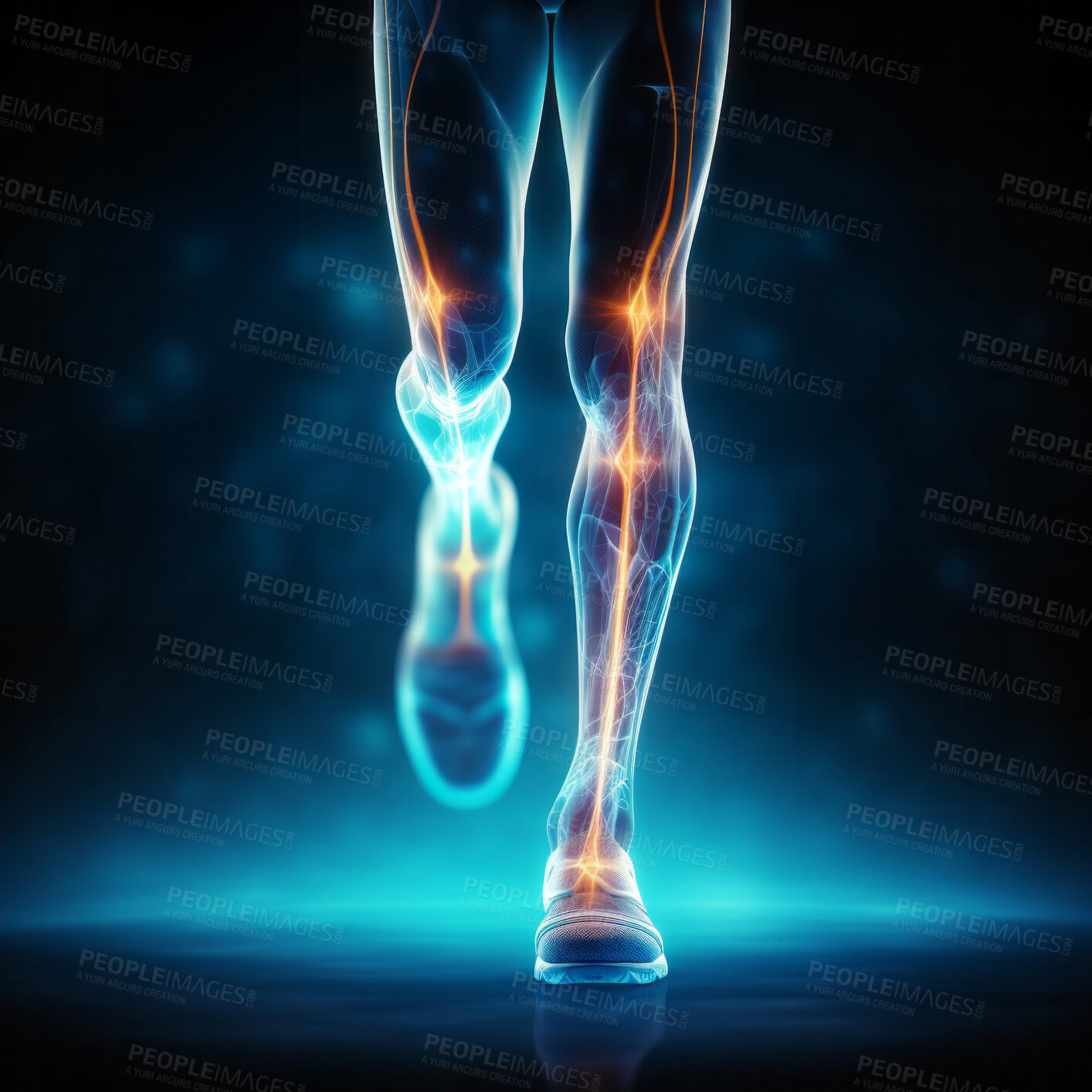 Buy stock photo Joint pain or injury while running. Xray of training athlete with sport accident