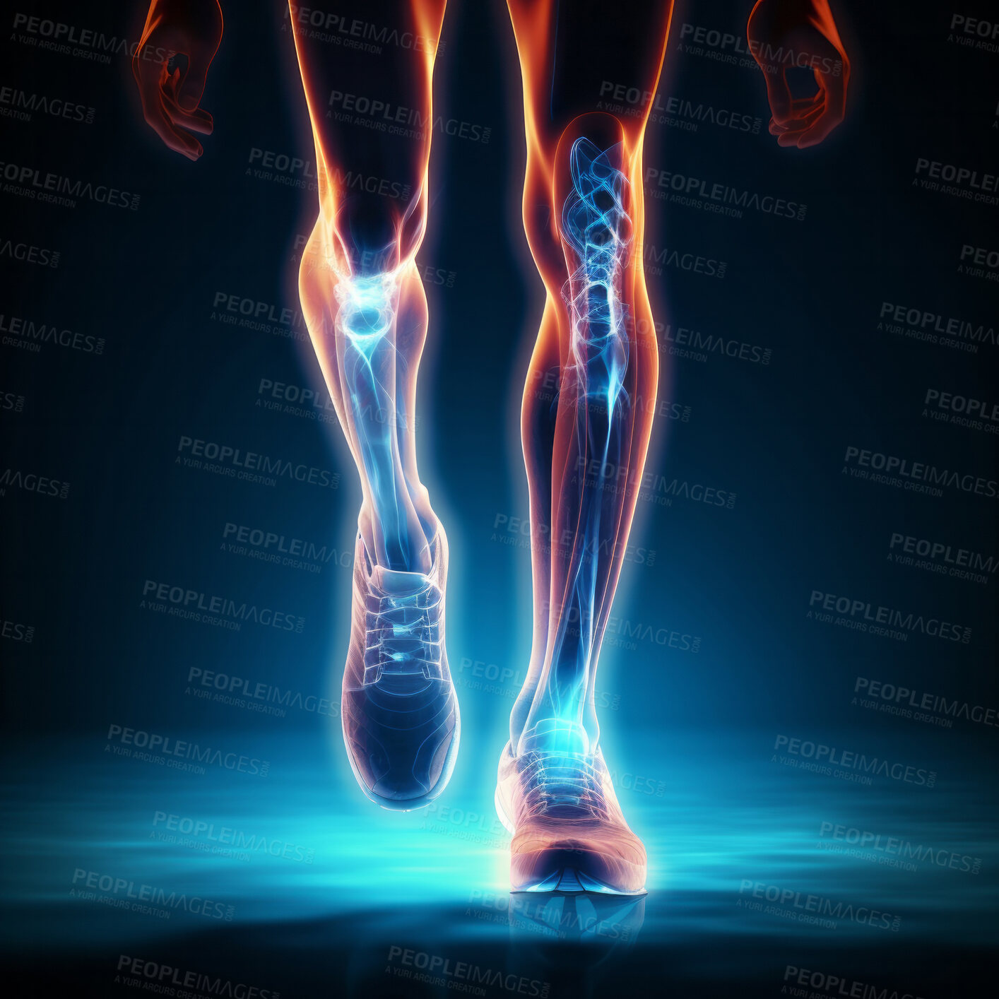 Buy stock photo Joint pain or injury while running. Xray of training athlete with sport accident