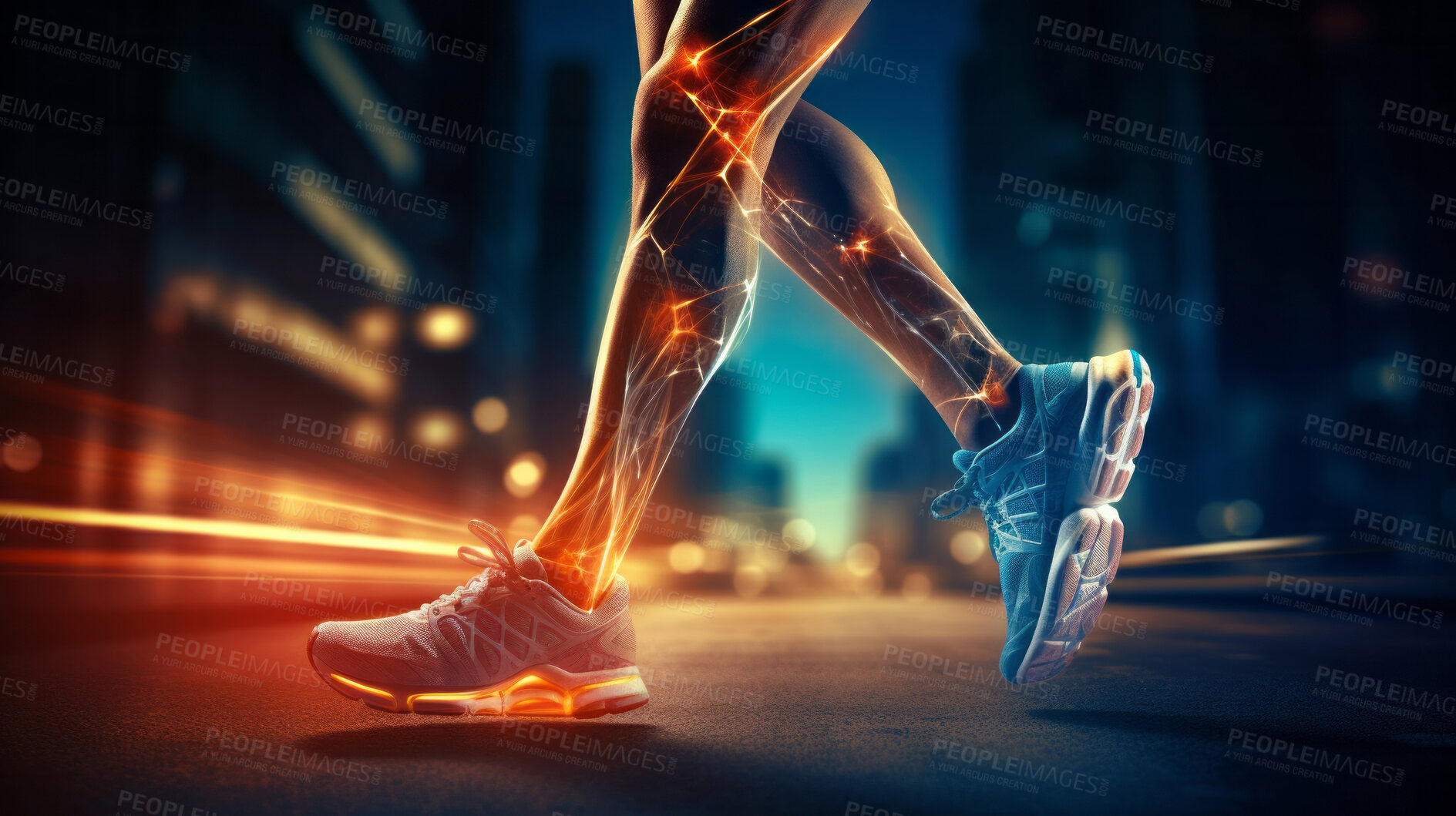 Buy stock photo Joint pain or injury while running. Xray of training athlete with sport accident