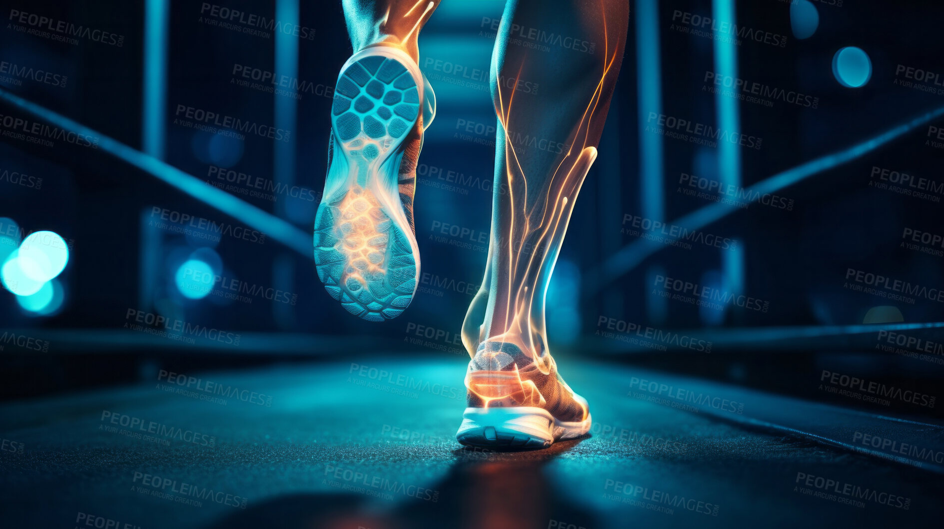 Buy stock photo Joint pain or injury while running. Xray of training athlete with sport accident