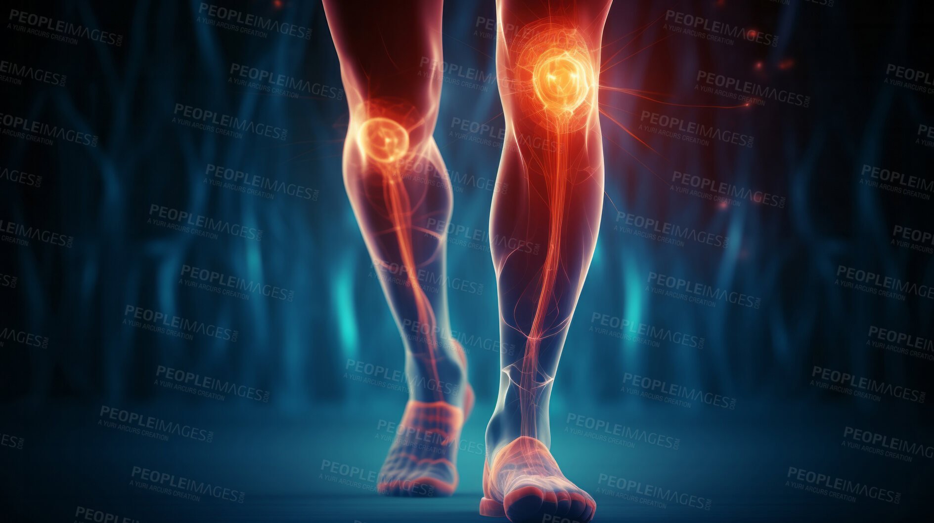 Buy stock photo Joint pain or injury while running. Xray of training athlete with sport accident