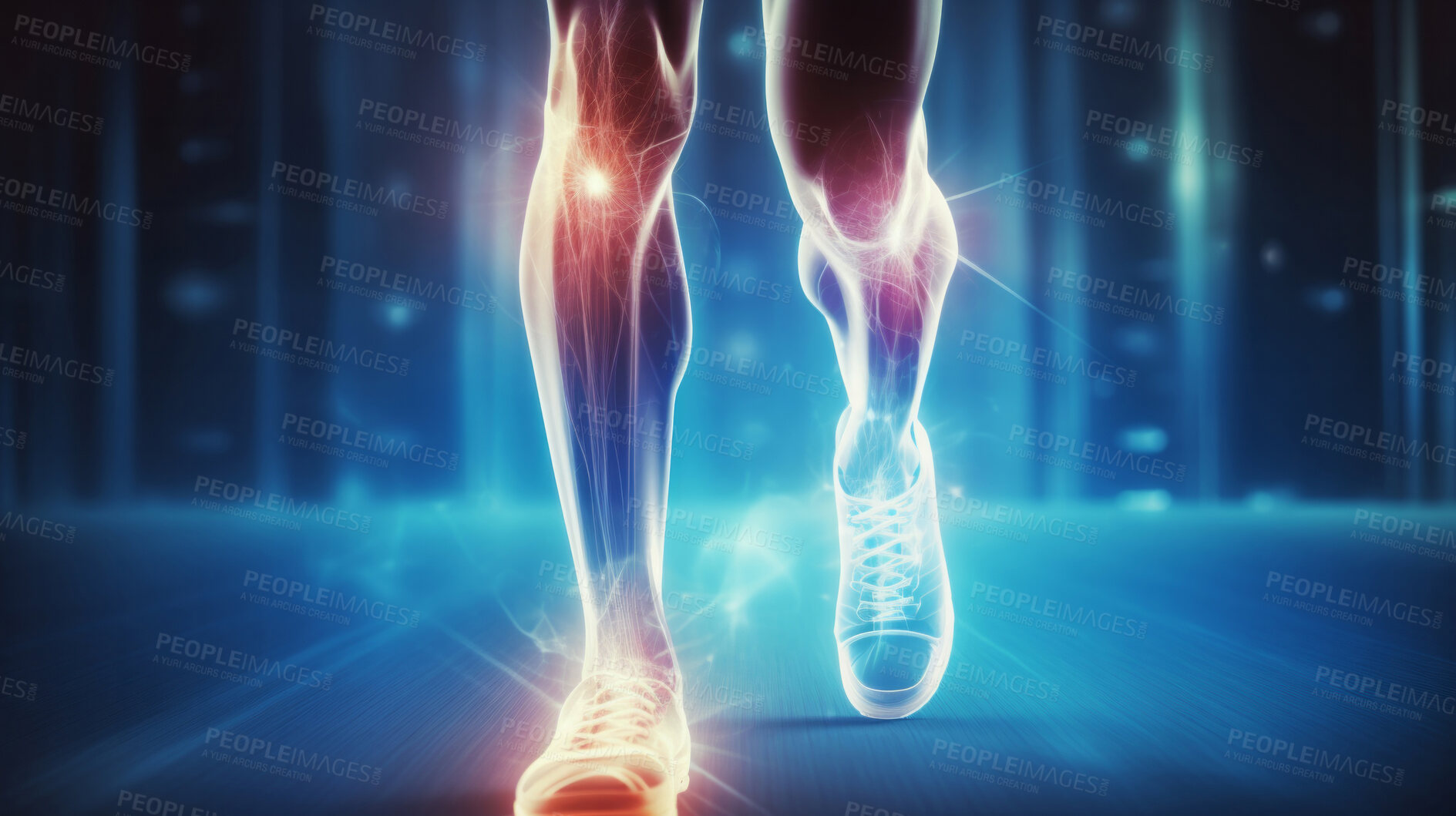 Buy stock photo Joint pain or injury while running. Xray of training athlete with sport accident