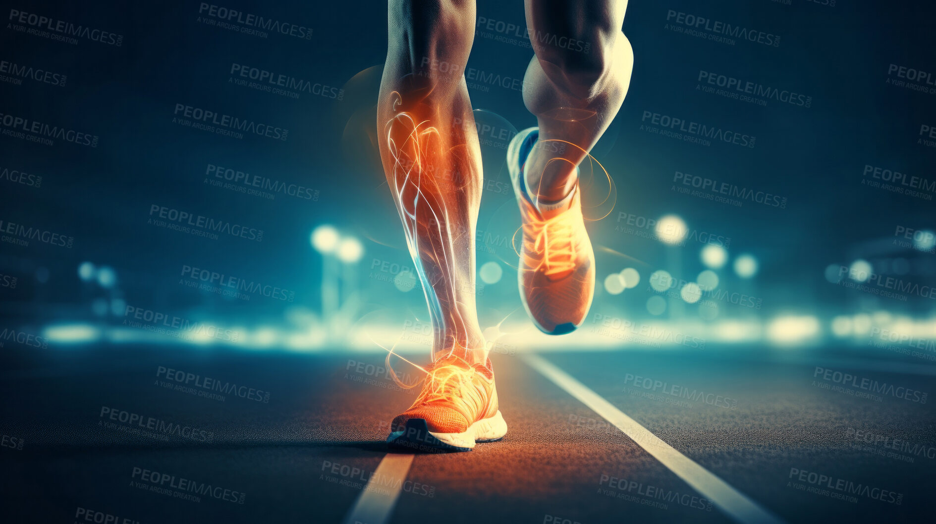 Buy stock photo Joint pain or injury while running. Xray of training athlete with sport accident