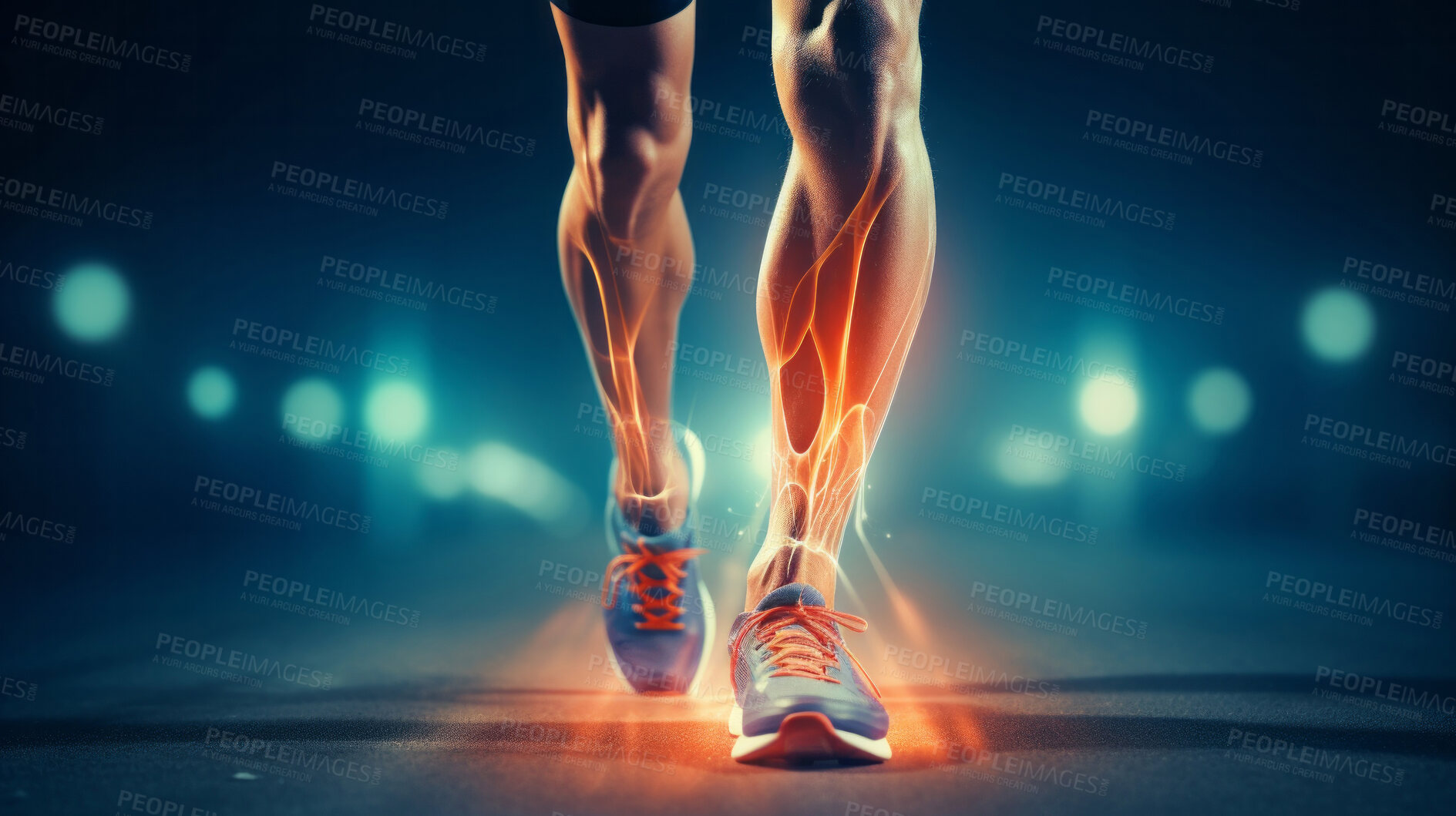 Buy stock photo Joint pain or injury while running. Xray of training athlete with sport accident