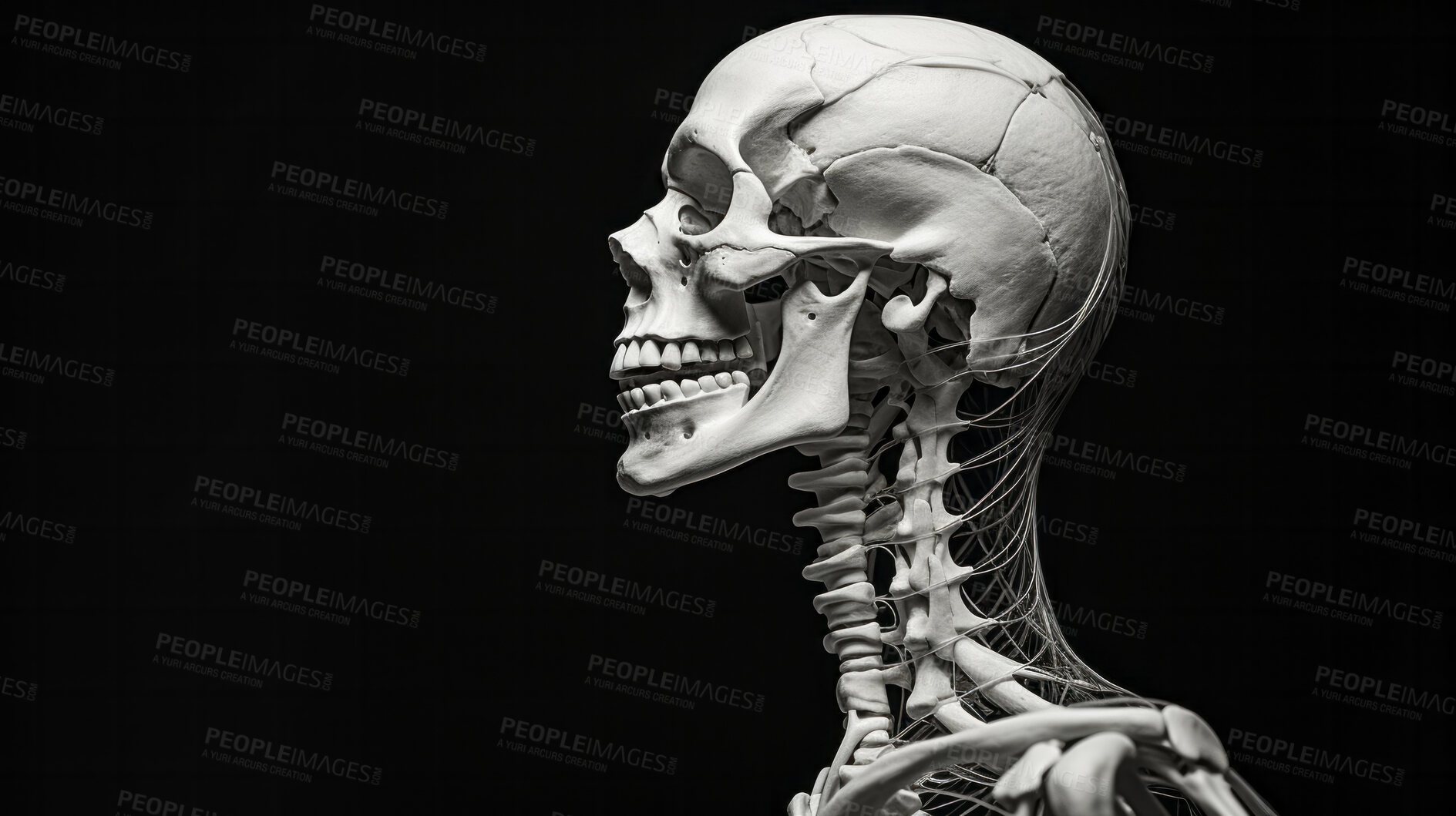 Buy stock photo Human skull with teeth. Educational medical anatomy design illustration.