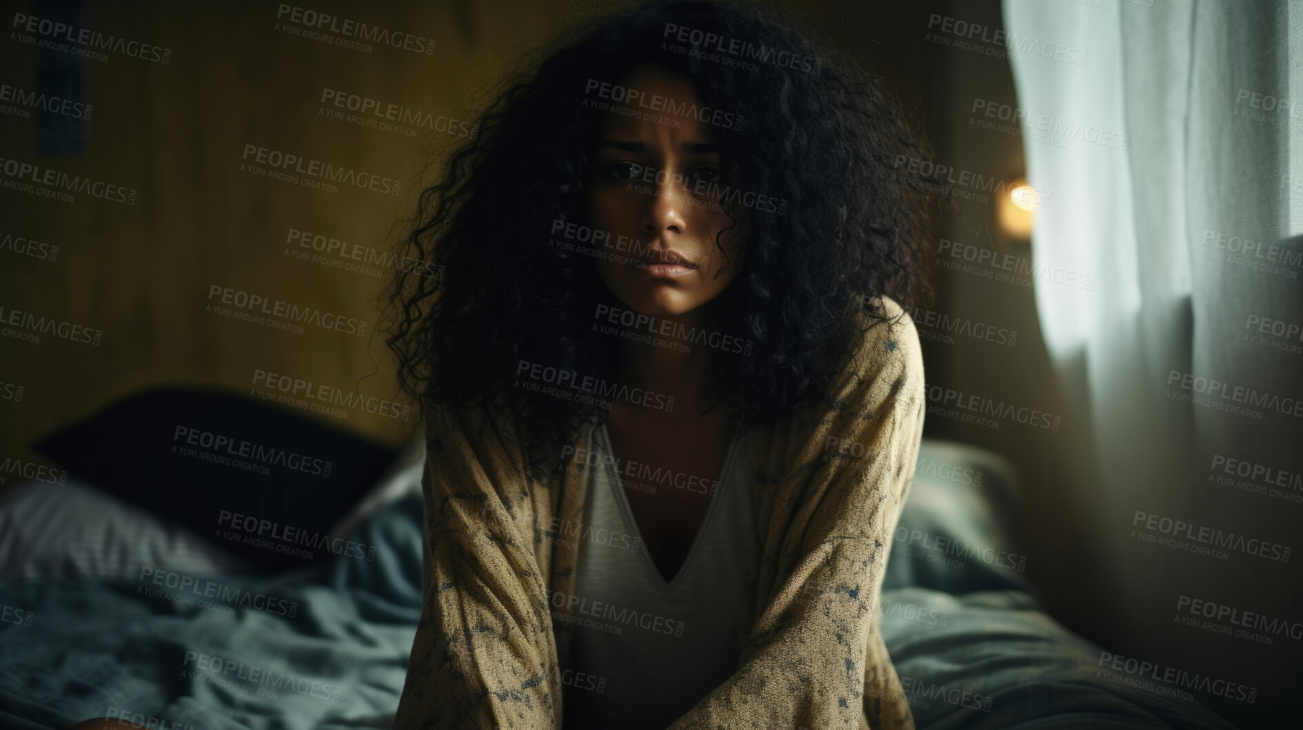 Buy stock photo Depressed woman in dark bedroom at home. Concept for mental health awareness