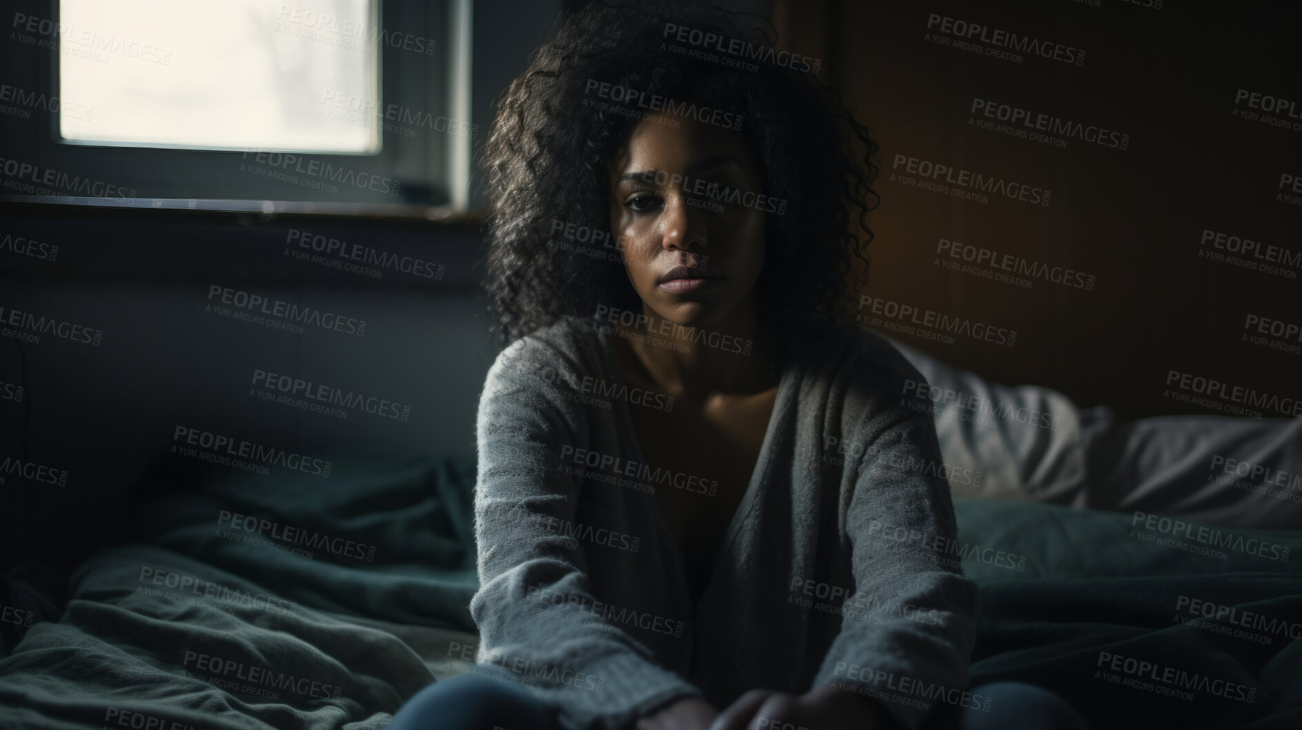 Buy stock photo Depressed woman in dark bedroom at home. Concept for mental health awareness