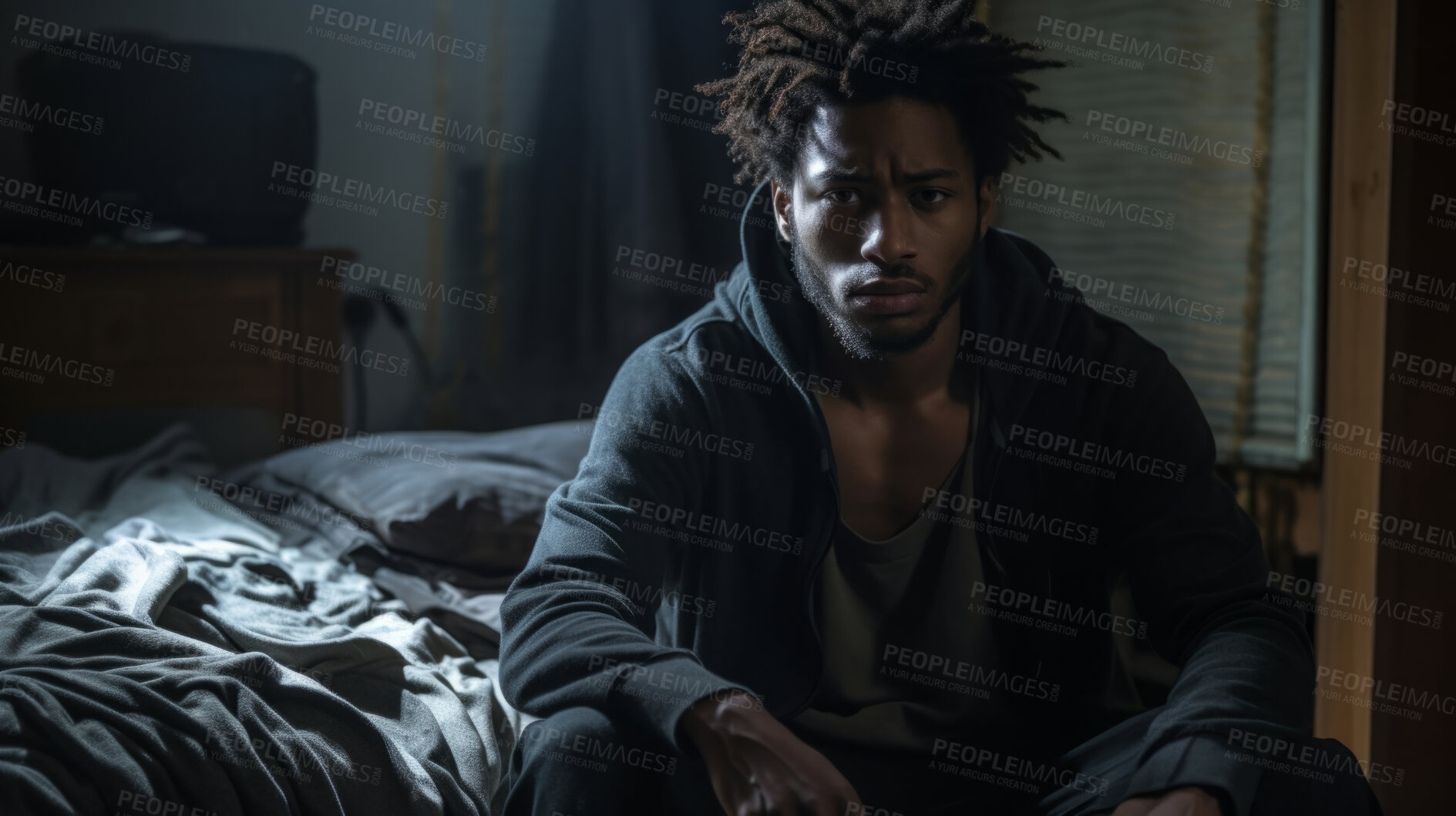 Buy stock photo Depressed man in dark bedroom at home. Concept for mental health awareness