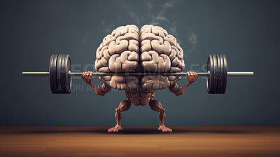 Buy stock photo Brain exercising and lifting weights, for education, learning or mental health growth