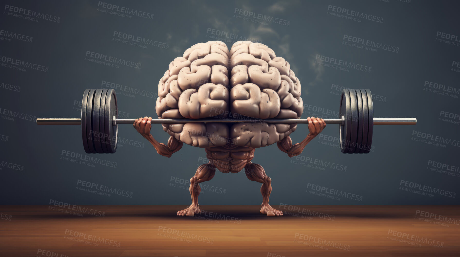 Buy stock photo Brain exercising and lifting weights, for education, learning or mental health growth