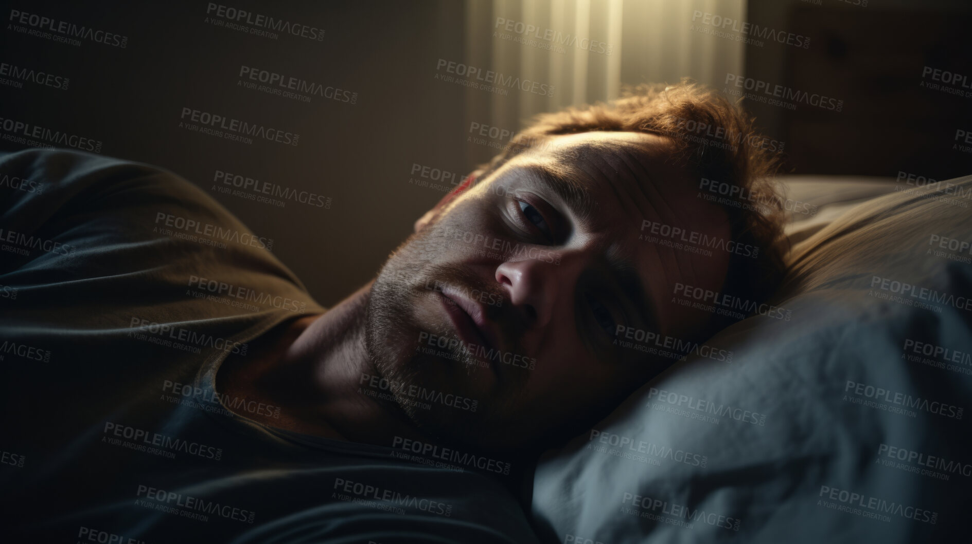Buy stock photo Depressed sleeping man in bed at home. Concept for mental health awareness