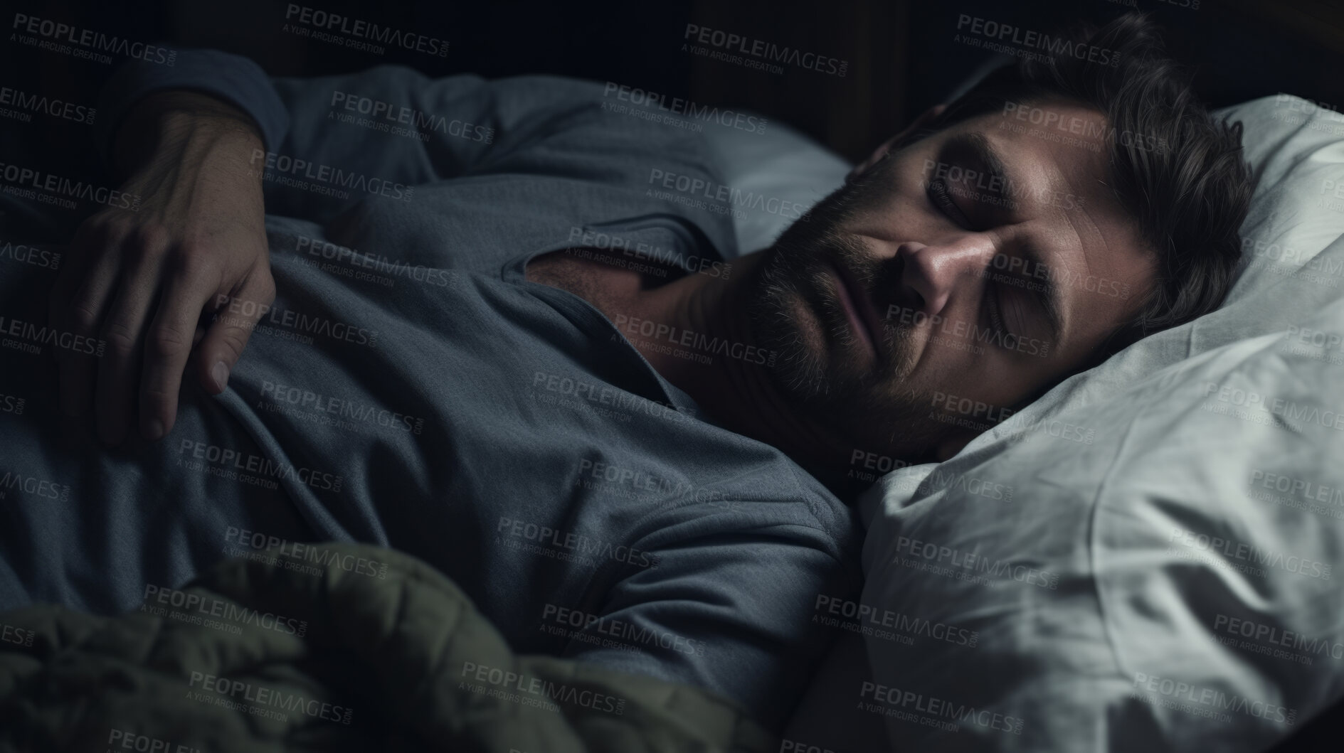 Buy stock photo Depressed sleeping man in bed at home. Concept for mental health awareness