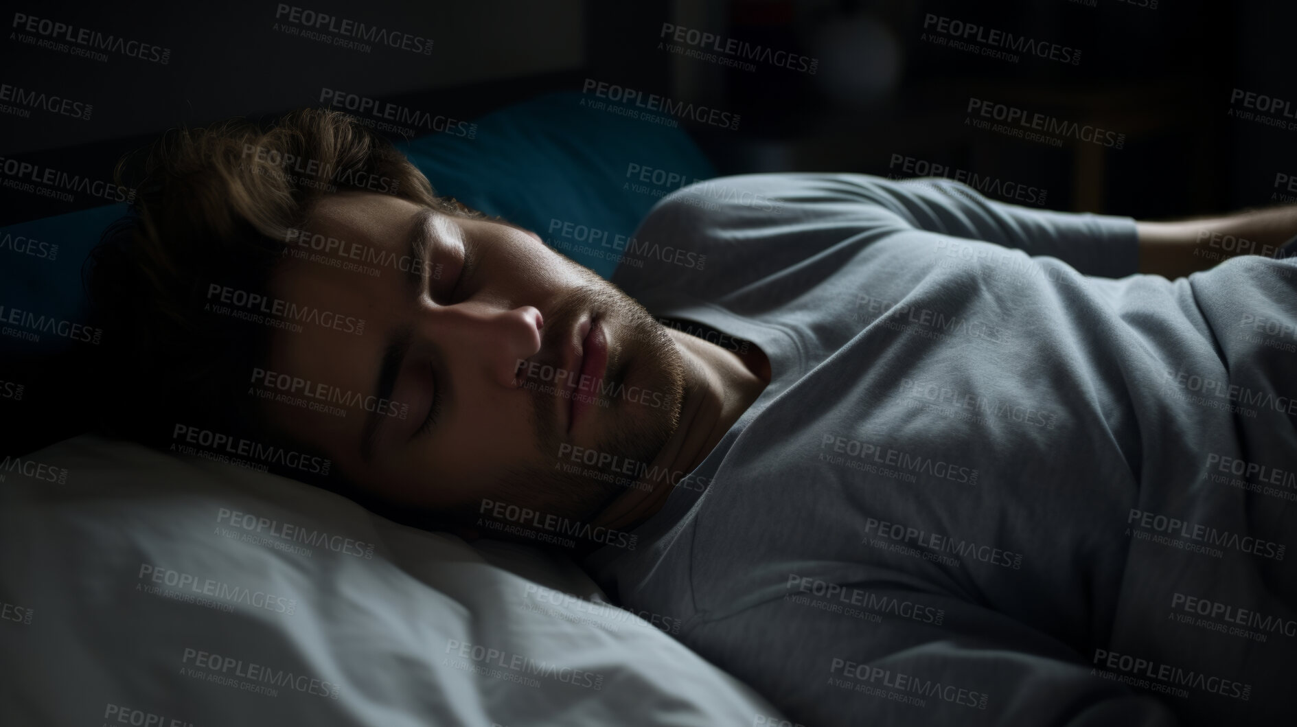 Buy stock photo Depressed sleeping man in bed at home. Concept for mental health awareness