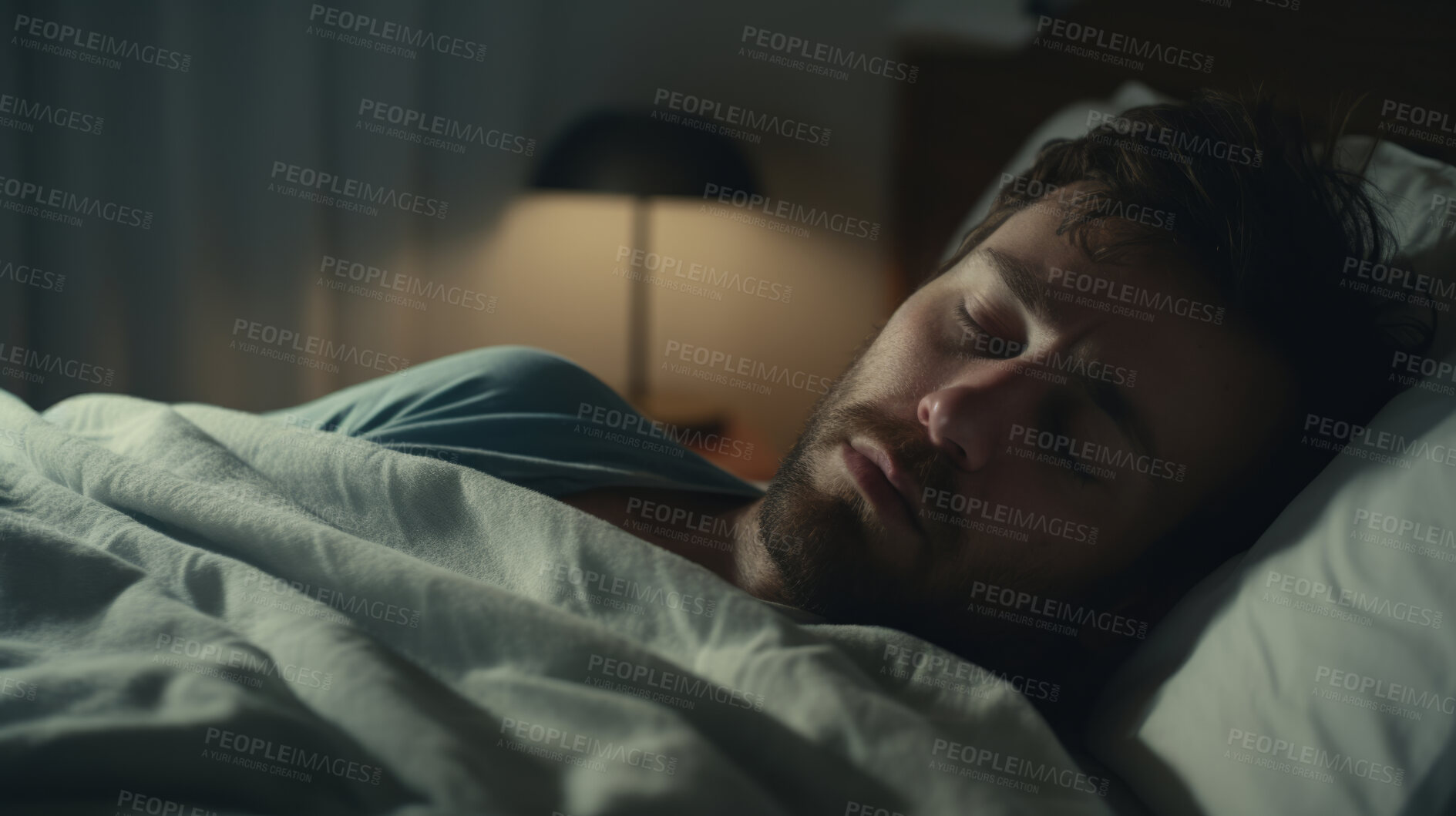 Buy stock photo Depressed sleeping man in bed at home. Concept for mental health awareness