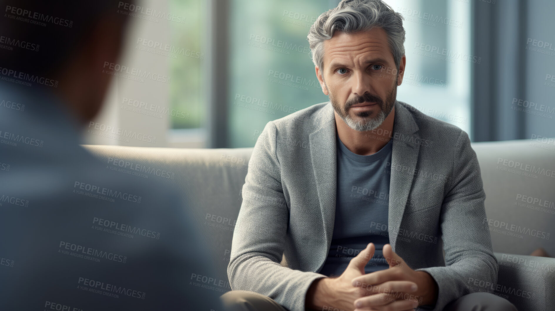 Buy stock photo Thinking psychologist, therapy and man in consultation for mental health