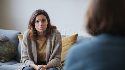 Thinking psychologist, therapy and woman in consultation for mental health on sofa