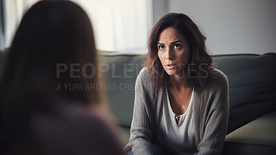 Thinking psychologist, therapy and woman in consultation for mental health on sofa