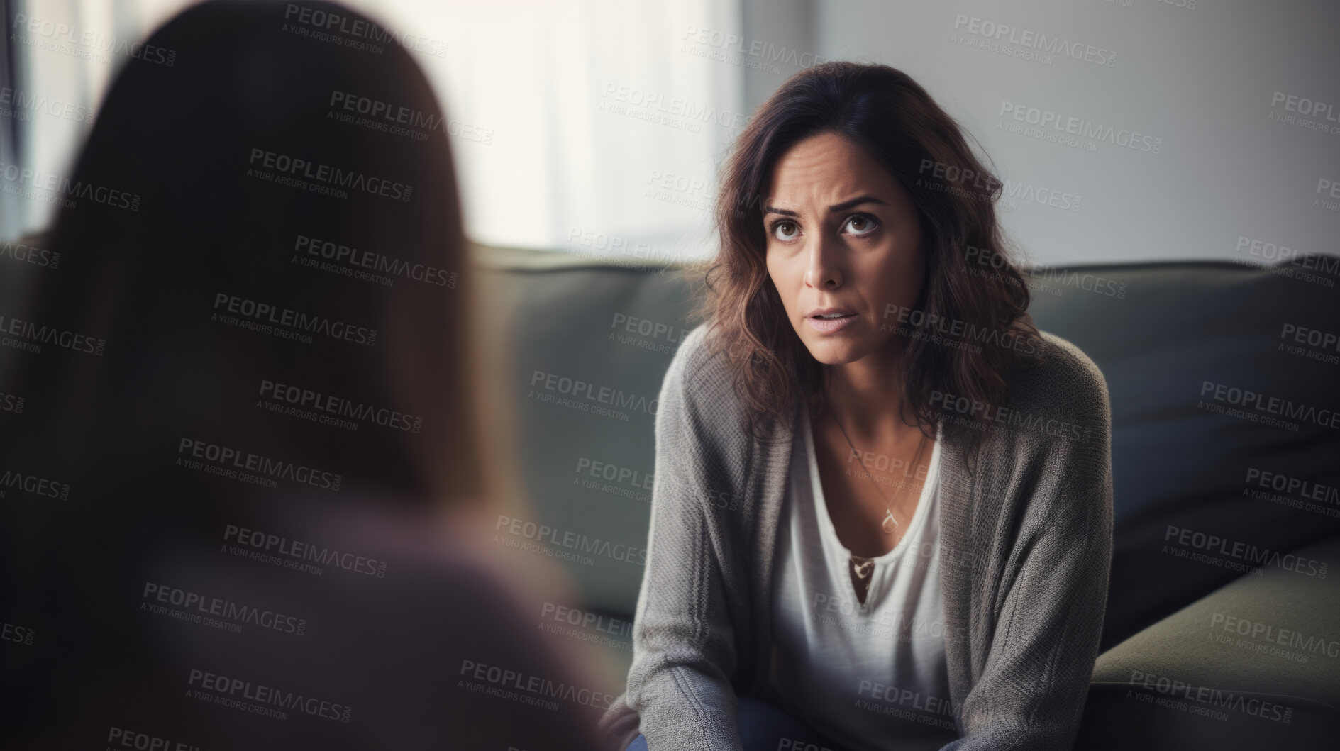 Buy stock photo Thinking psychologist, therapy and woman in consultation for mental health on sofa