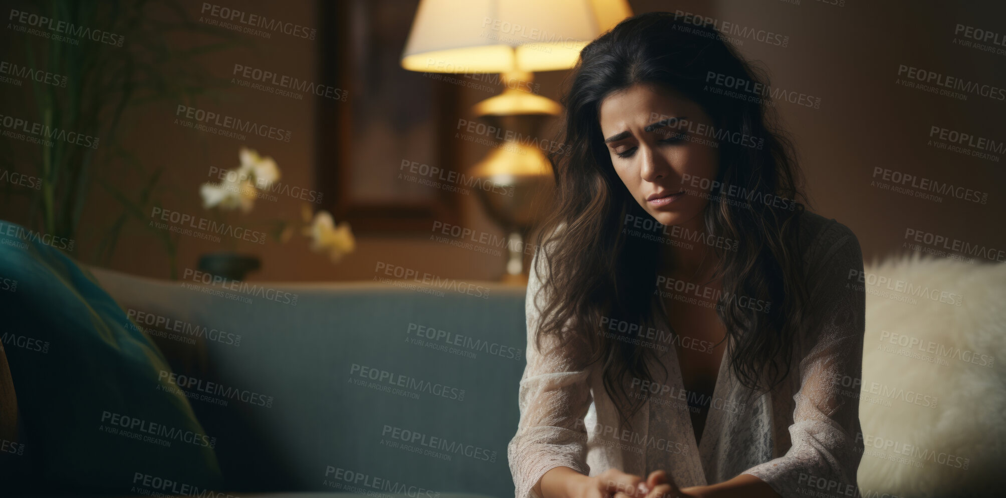 Buy stock photo Thinking psychologist, therapy and woman in consultation for mental health on sofa