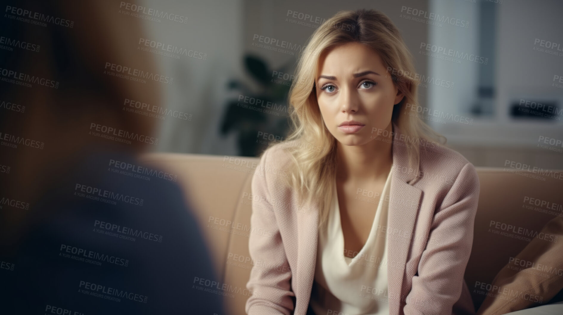 Buy stock photo Thinking psychologist, therapy and woman in consultation for mental health on sofa