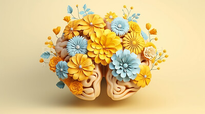World mental health awareness day. Human brain and flowers on a yellow background