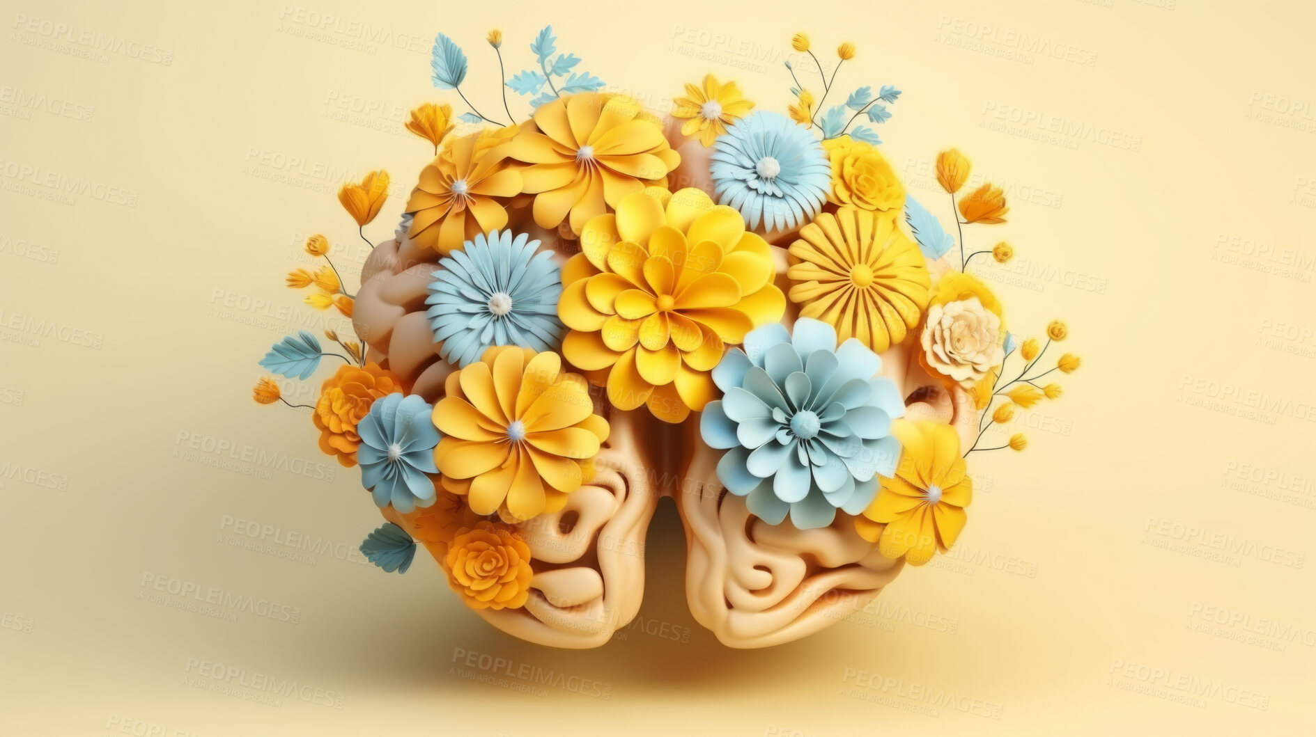 Buy stock photo World mental health awareness day. Human brain and flowers on a yellow background