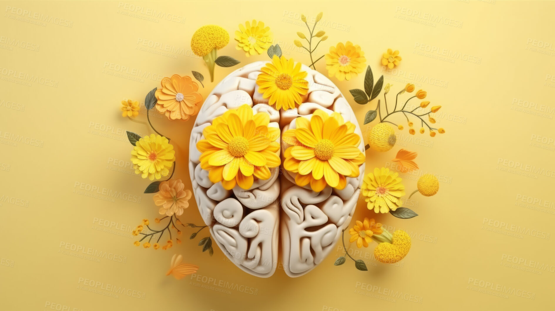 Buy stock photo World mental health awareness day. Human brain and flowers on a yellow background