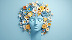 World mental health awareness day. Paper cutout woman head  and flowers blue background