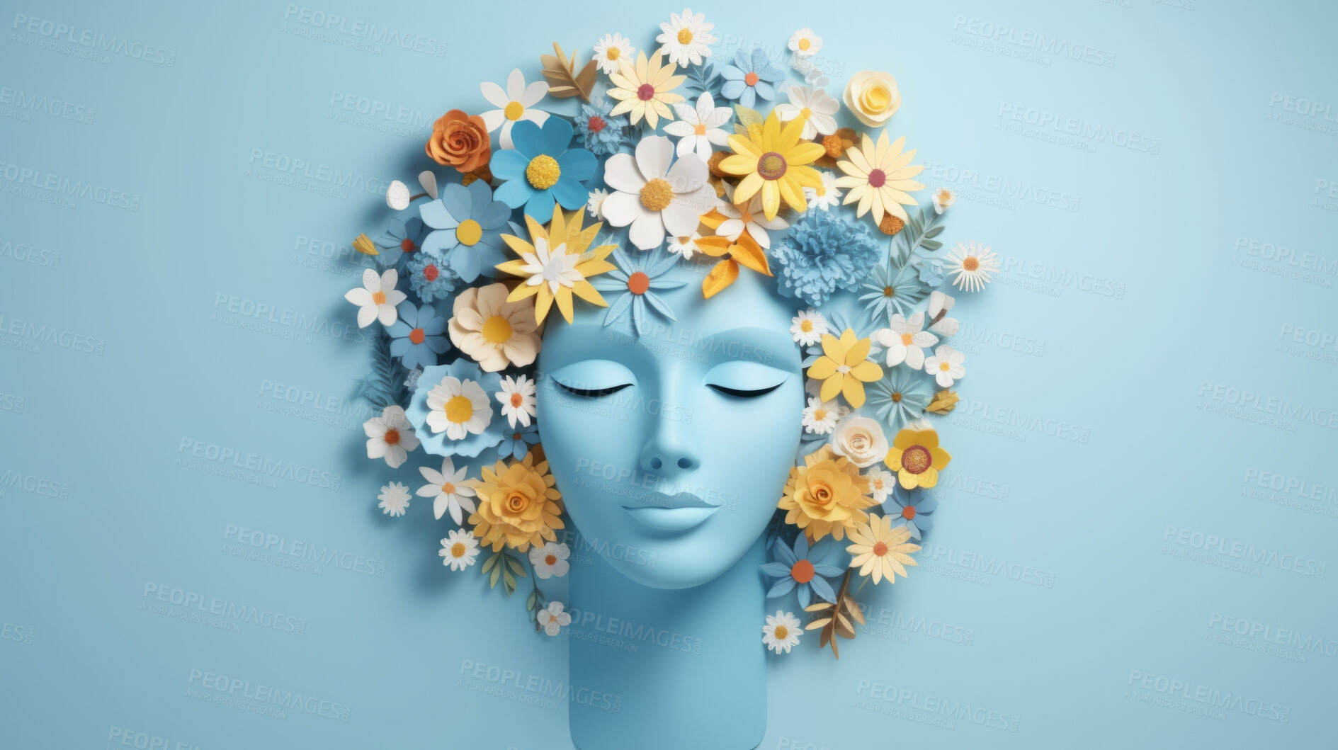 Buy stock photo World mental health awareness day. Paper cutout woman head  and flowers blue background