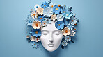 World mental health awareness day. Paper cutout woman head  and flowers blue background